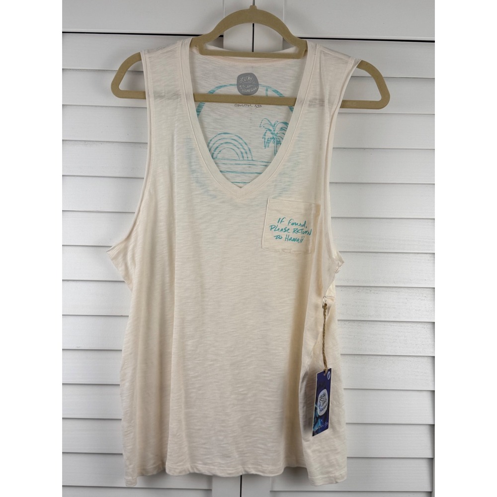 Lucky We Live Hawaii Tank Top XL Cream Goldfish Kiss Graphic Pocket NEW